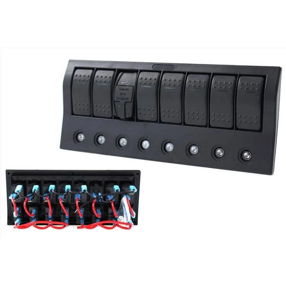 Kapcsoló 12/24V ON-OFFx5, 1xZ, 2xUSB 3,1A ,1xLED volt, 3xB 15A IP68 Kék