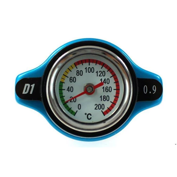 D1Spec radiátor sapka hőmérővel 15mm 0.9 Bar kék