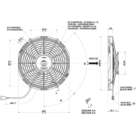 Axiális szívó hűtőventilátor SPAL 12V VA09-AP50/C-54A BT (280 MM)